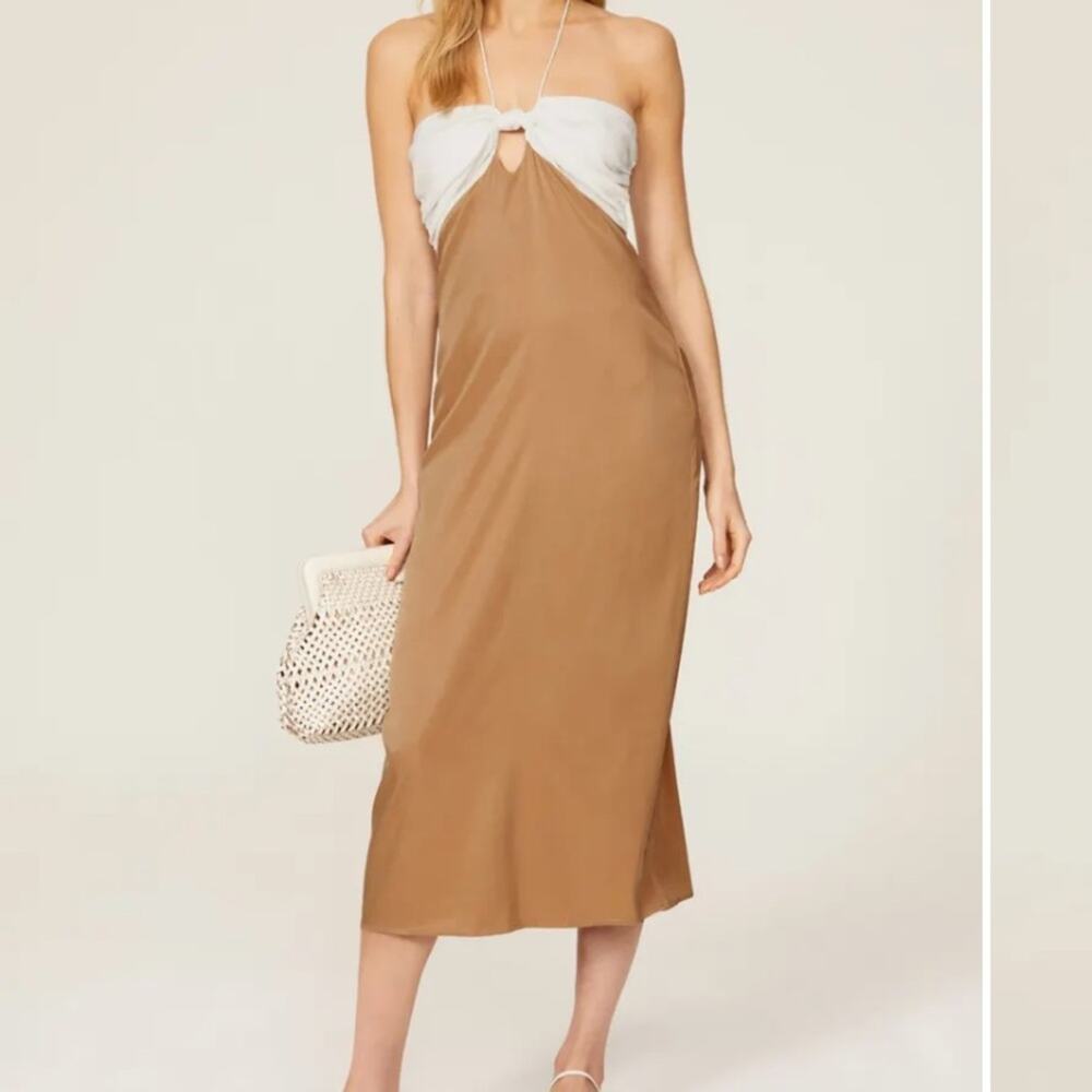 Third Form Let's Split Midi Slip Dress Tan and White Size 6